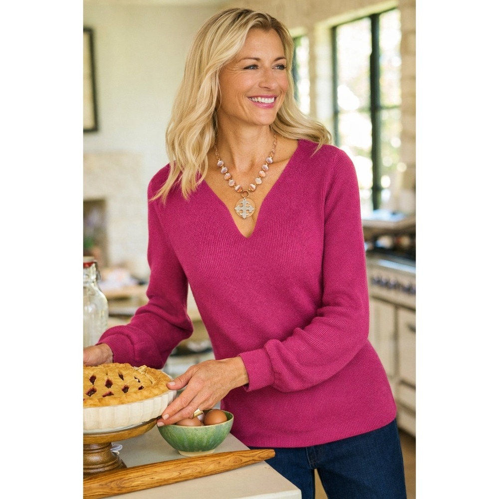Soft Surroundings Split V Neck Sweater 1X Berry Pink Blouson Sleeve Ribbed Cozy